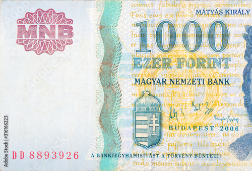 Part of blue Hungary 1000 Forint 2006 Banknote fragment photo