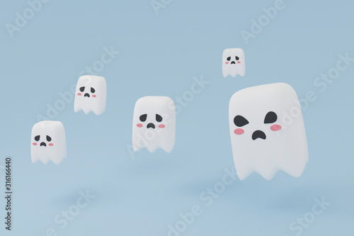 Happy Halloween. Cute White Little Ghost Funny Simple Cartoon Flying on Blue Pastel Background. for minimal idea creative concept. 3D Illustration