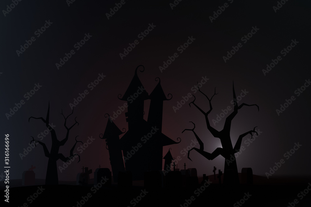 Castle in tombstones cemetery spooky dark night in mystic fog, Horror scene, Holiday event Happy Halloween background concept. 3D Illustration