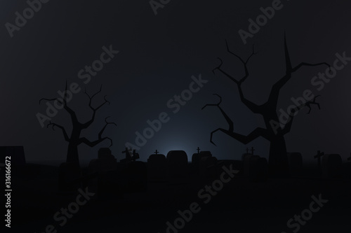 tombstones cemetery In Spooky dark Night in mystic fog. Holiday event Happy Halloween background concept. 3D Illustration