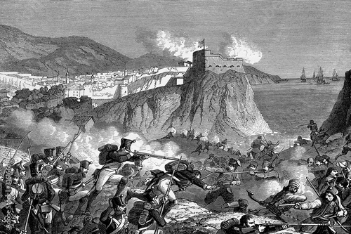 Combat of the Molitor division near Ragusa (Dubrovnik) 1808. Napoleonic wars. Antique illustration. 1890.