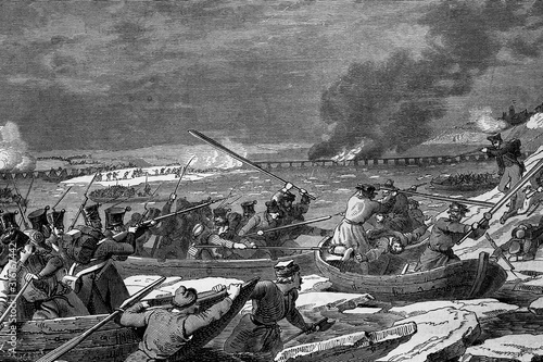 The army of Marshal Ney crosses the river Vistula by Thorn, Poland. Napoleonic wars. Antique illustration. 1890.