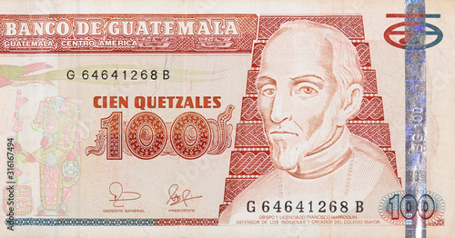 Bishop and Bachelor Francisco Marroquin on Guatemala 100 Quetzales 2007 Banknote fragment photo