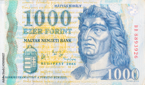 King Matyas Portrait on Hungary 1000 Forint 2006 Banknote fragment photo