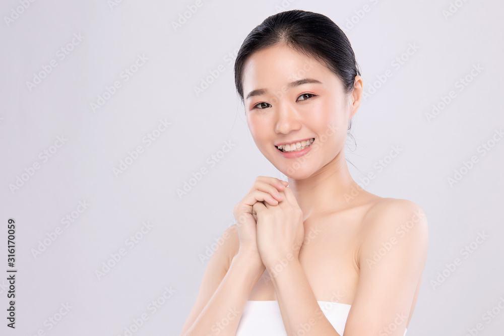 Portrait beautiful young asian woman clean fresh bare skin concept. Asian girl beauty face skincare and health wellness, Facial treatment, Perfect skin, Natural make up, on white background Portrait beautiful young asian woman clean fresh bare skin concept. Asian girl beauty face skincare and health wellness, Facial treatment, Perfect skin, Natural make up, on white background
