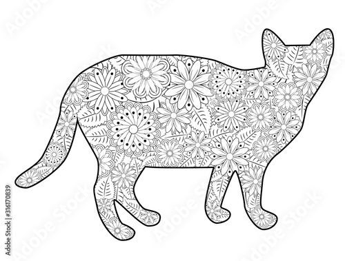 Coloring book Magic cat for adults. Hand drawn artistically ethnic ornament with patterned illustration