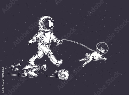 Astronaut walks with a dog. A dog in space. Illustration on the theme of astronomy.