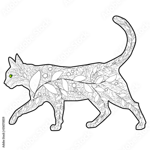 Coloring book Magic cat for adults. Hand drawn artistically ethnic ornament with patterned illustration