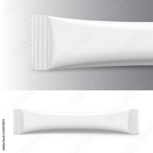 Realistic stick pack for products of the food and cosmetic industry. Vector illustration. Possibility use for granulated, powder products. Coffee, 3 in 1, sugar. EPS10.	