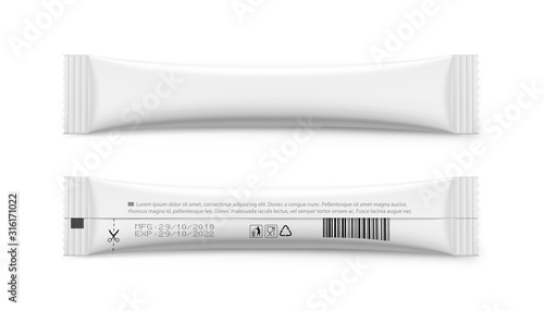 Realistic stick pack for products of the food and cosmetic industry. Vector illustration. Possibility use for granulated, powder products. Coffee, 3 in 1, sugar. EPS10.	