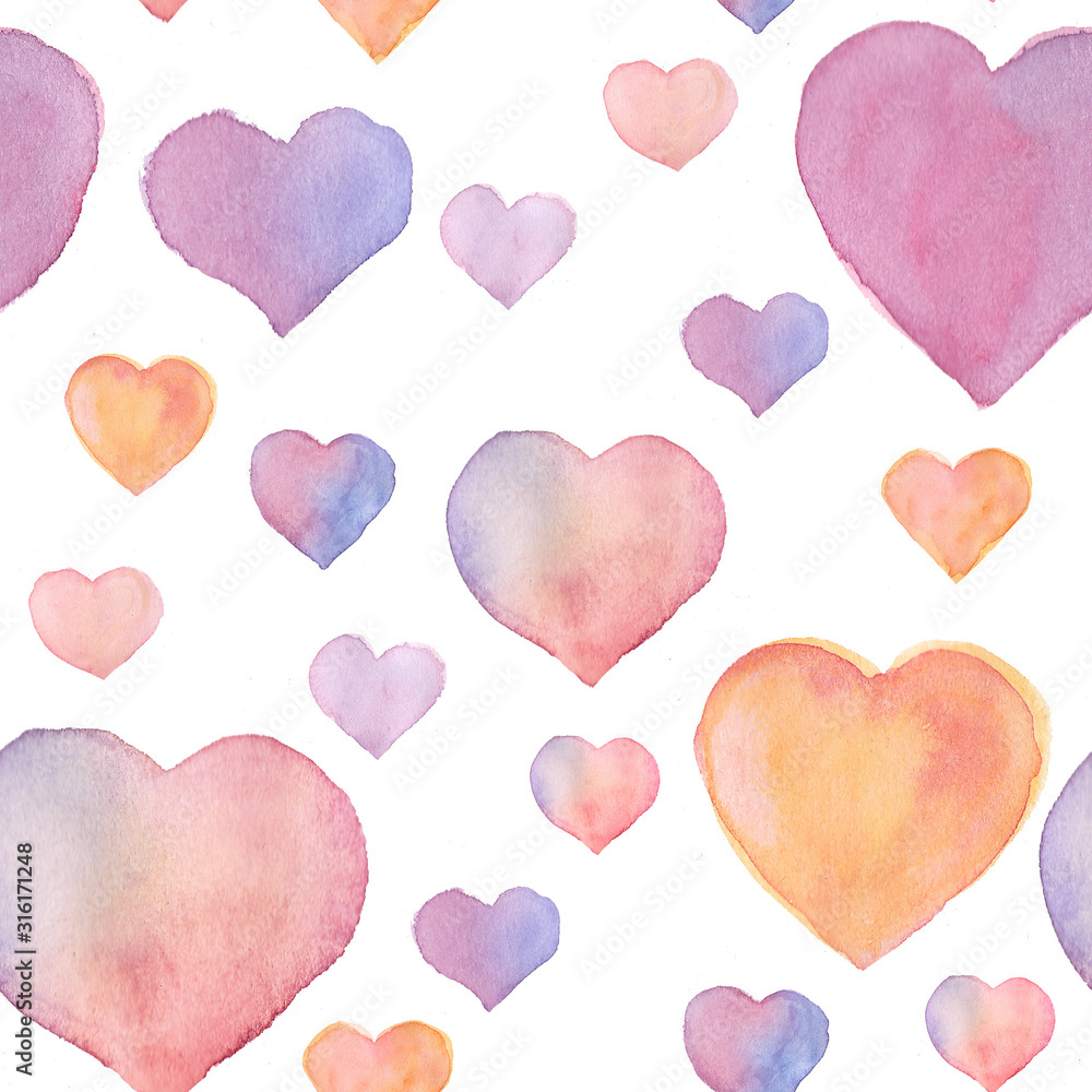 Watercolor seamless pattern for Valentine's day with hearts on white background