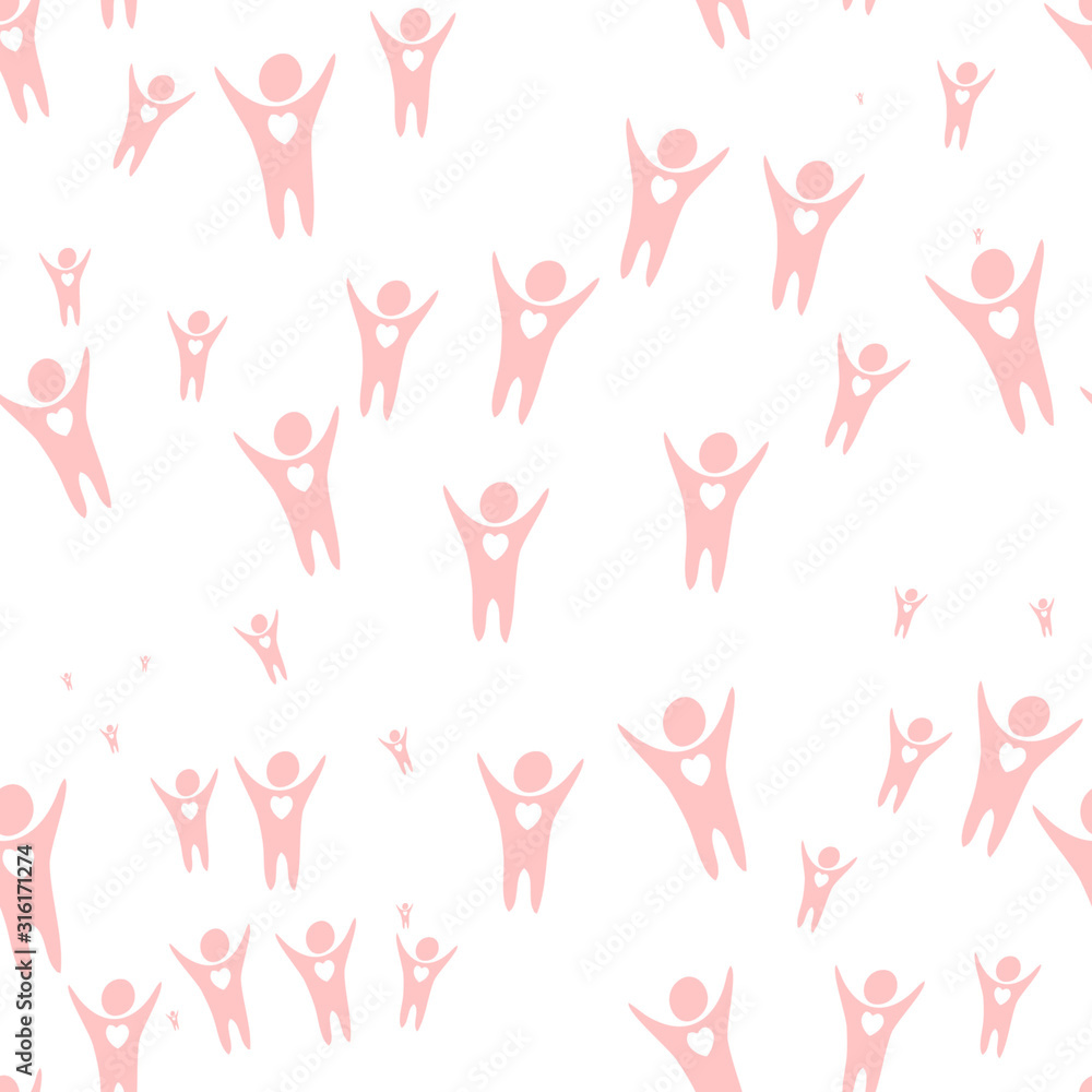 Seamless pink pattern silhouettes of people with open hearts