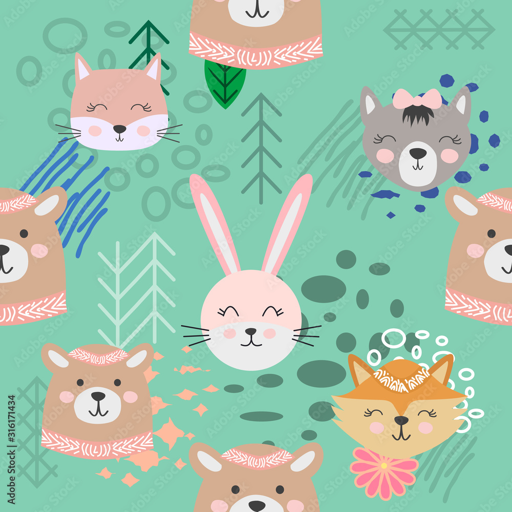 Obraz premium Autumn forest seamless pattern with cute animals