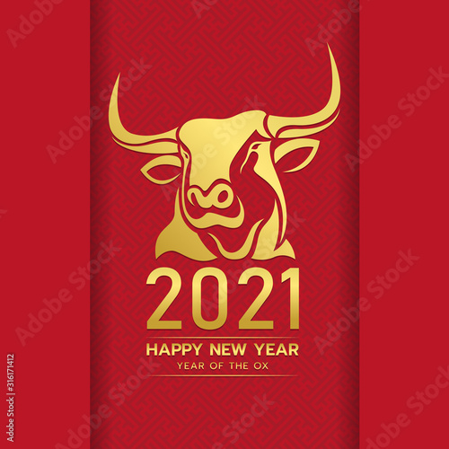 Photographie Happy chinese new year 2021 with gold head ox zodiac sign on red chinese culture