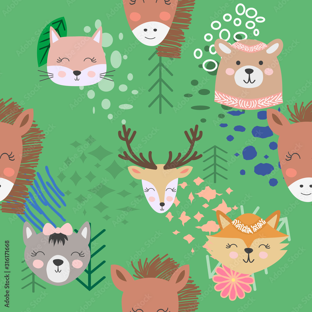 Hand drawn camping seamless pattern with cartoon characters