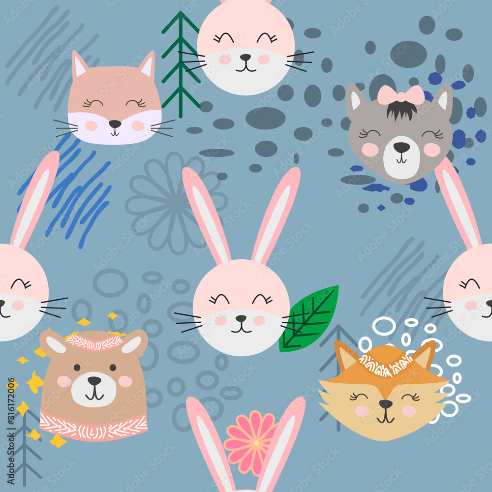 Autumn forest seamless pattern with cute animals