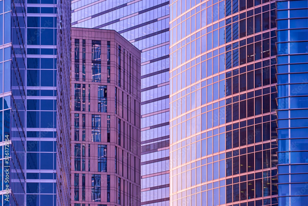 Moscow, Russia - September 12, 2019: Buildings of skyscrapers of the business center Moscow City. Glass and metal construction. Reflection and glare.