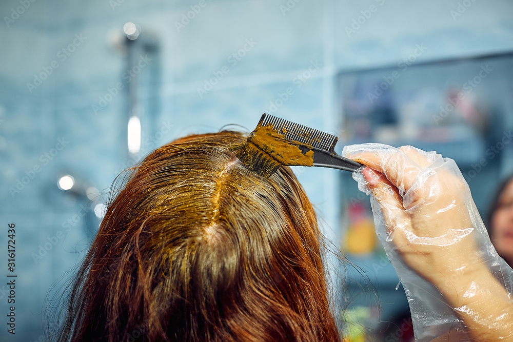 lifestyle woman paints henna gray hair, hair coloring self-care Stock Photo  | Adobe Stock