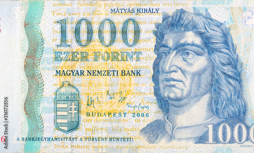 King Matyas Portrait on Hungary 1000 Forint 2006 Banknote fragment photo