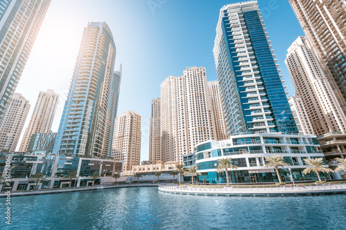Panoramic view of the Marina district with numerous residential skyscrapers and hotels. Travel destinations in the UAE concept © EdNurg