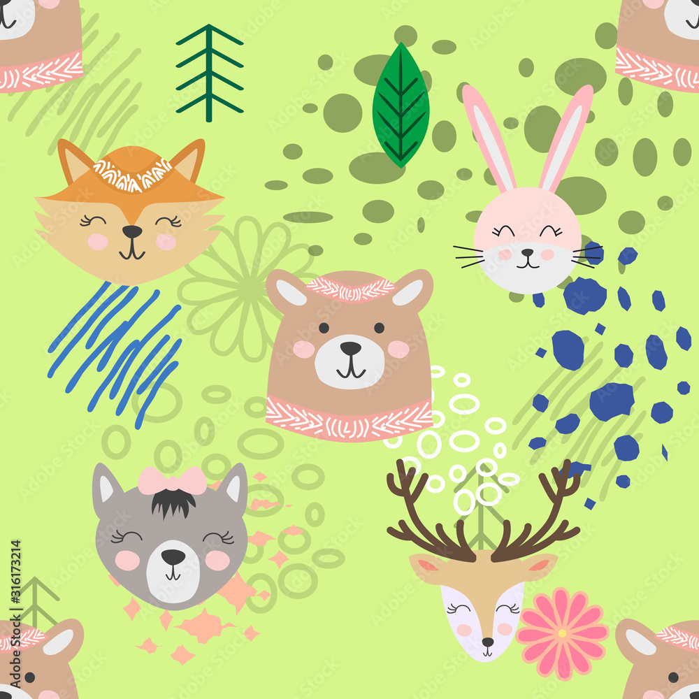 Autumn forest seamless pattern with cute animals