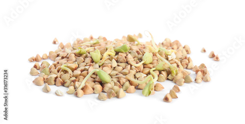 Pile of sprouted green buckwheat isolated on white