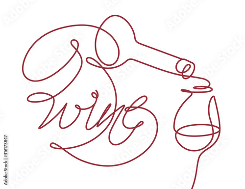 Wine glass and bottle. Single line drawing with the text "wine" in a modern style. Design element for tasting, menu, wine list, restaurant, winery, shop.