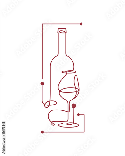 Wine glass and bottle. Single line icon in modern style. Design element for wine tasting, menu, wine list, restaurant, winery, shop. Continuous line.
