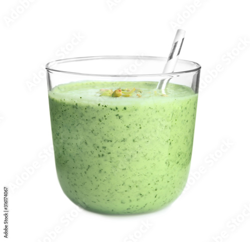 Glass of green buckwheat smoothie isolated on white