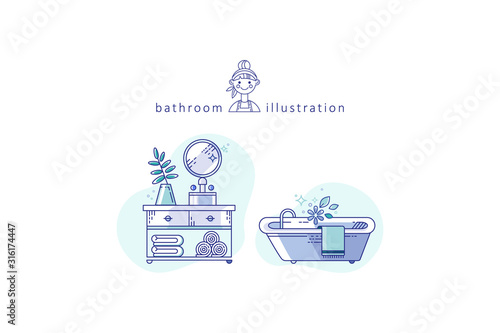 Icons with a bathroom. The set includes 2 icons with a bath and a wash basin. Personifies the aroma of purity and shining brilliance led by a cleaning lady.