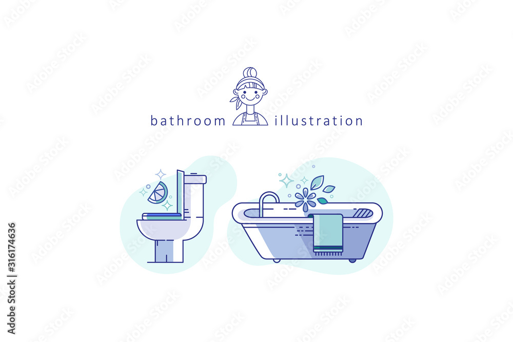 Icons with a bathroom. The set includes 2 icons with a bath and a toilet. Personifies the aroma of purity and shining brilliance led by a cleaning lady.