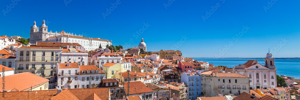 Panoramic view of Lisbon from the terrace from the Portas Do Sol viewpoint in the Alfama district in Lisbon, Portugal
