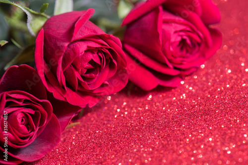 Roses over red abstract background with bokeh defocused lights