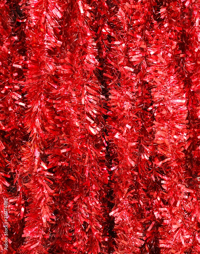 Red tinsel in the store as a background