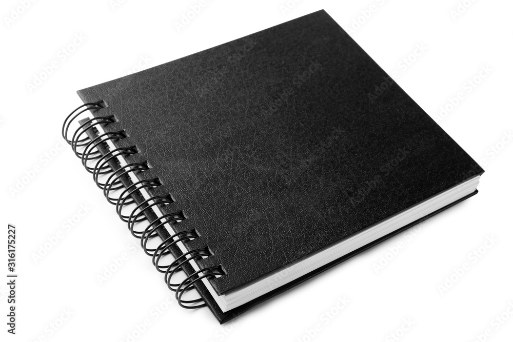 Stylish black spiral notebook isolated on white Stylish black spiral notebook isolated on white