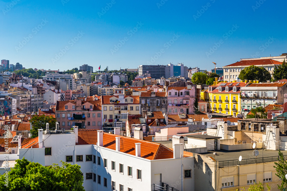 Traditional colored facades of portuguese style in the center of Lisbon city