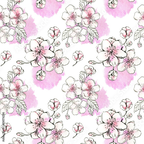 Cute romantic cherry blossom seamless pattern. Watercolor sakura flowers. Pink flowers background. Perfect for the romantic design, valentines day, mother's day, wedding decoration, textile, print. 