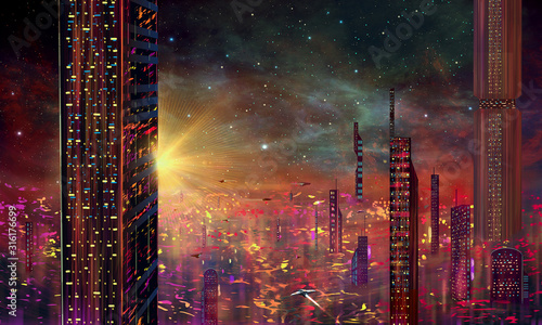 Spaceship fly above abstract modern sci-fi colorful city with night sky and stars at sunset. 3D illustration