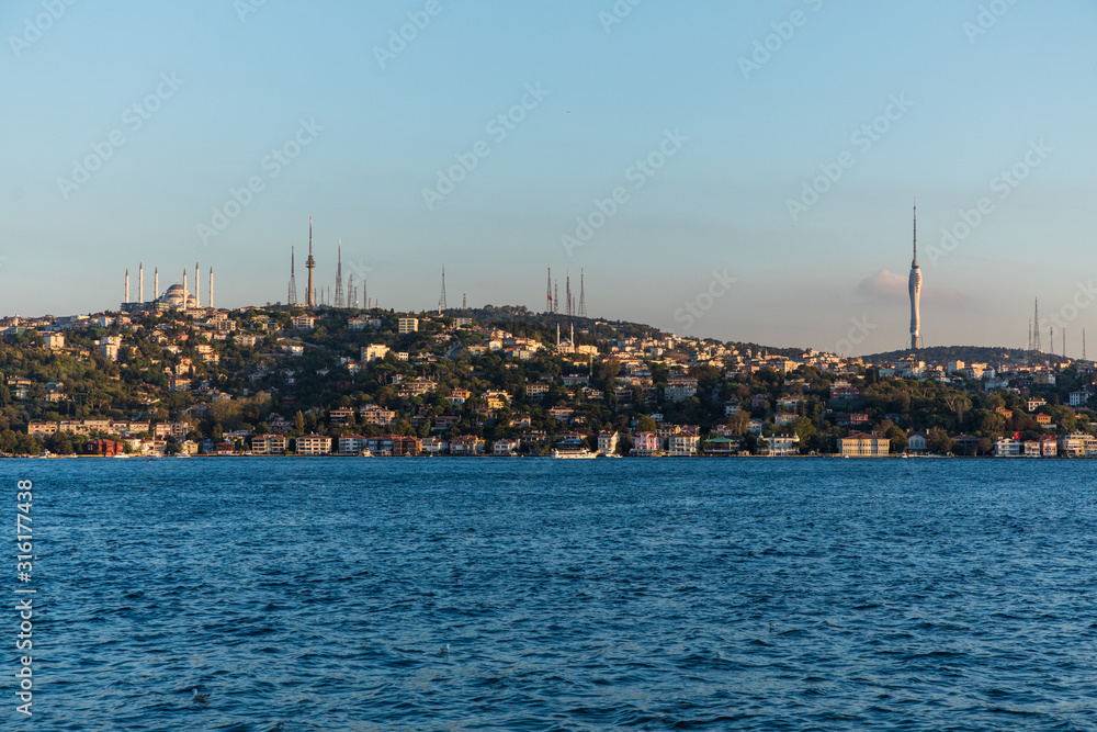 ISTANBUL TYRKEY - October, 2019. View from bosphorus strait, in the background a panorama of Istanbul