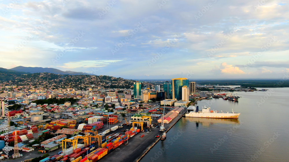 Aerial view of Port of Spain / Trinidad and Tobago, port, container terminal, government buildings