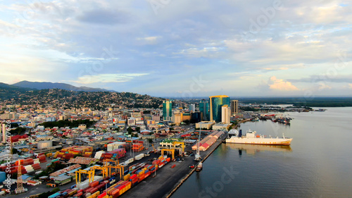 Aerial view of Port of Spain / Trinidad and Tobago, port, container terminal, government buildings photo