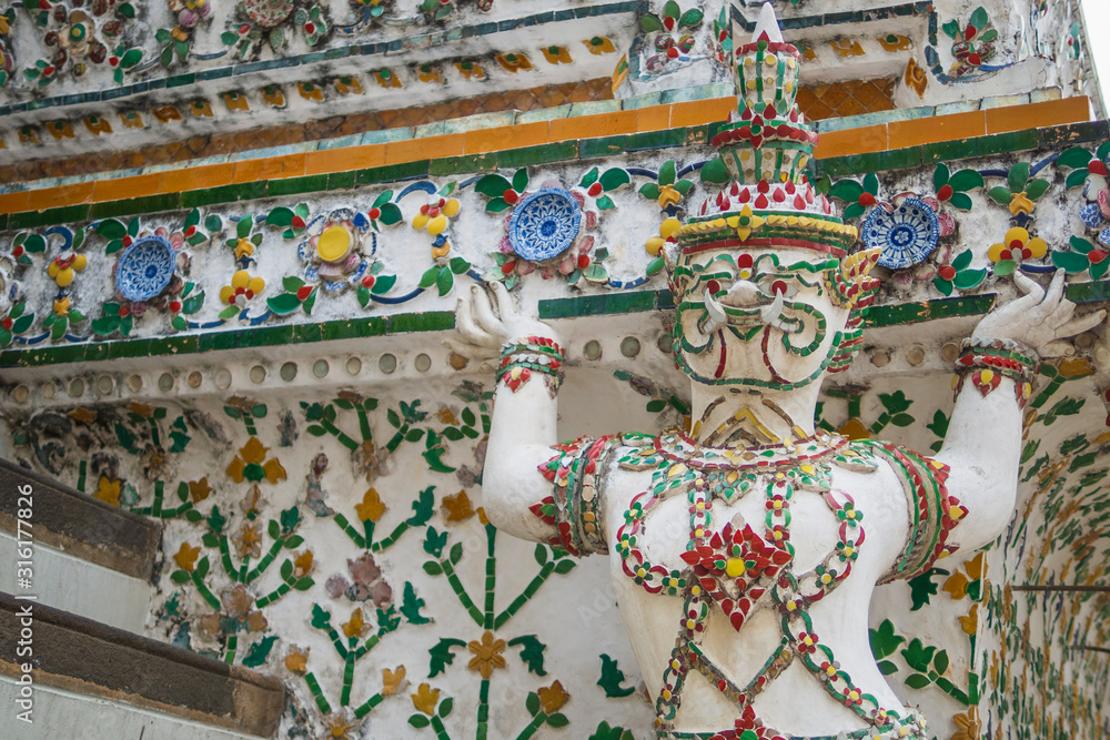 Religious sculpture decoration Detail of Wat Arun temple, Bangkok, Thailand.