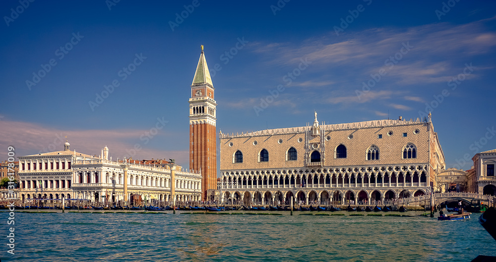 VENICE, VENETO, ITALY - JULY 16 2018: Seaview of Piazza San Marco and The Doges Palace