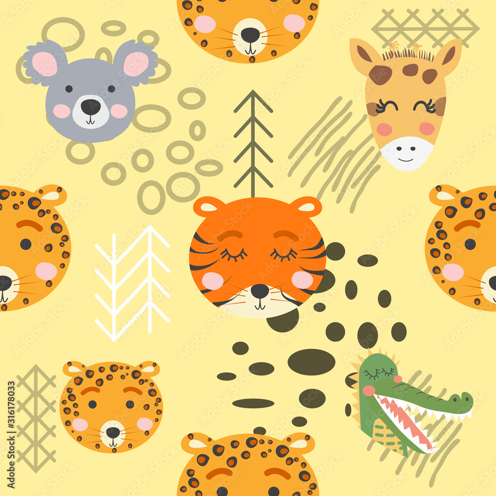 Obraz premium Seamless pattern with rhinoceros, elephant, crocodile. Creative bay animals background.