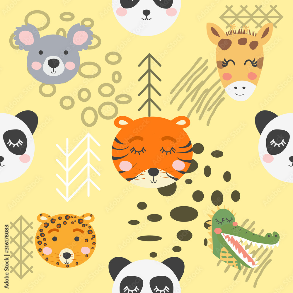Cute hand drawn nursery seamless pattern with wild animals in scandinavian style Cute hand drawn nursery seamless pattern with wild animals in scandinavian style