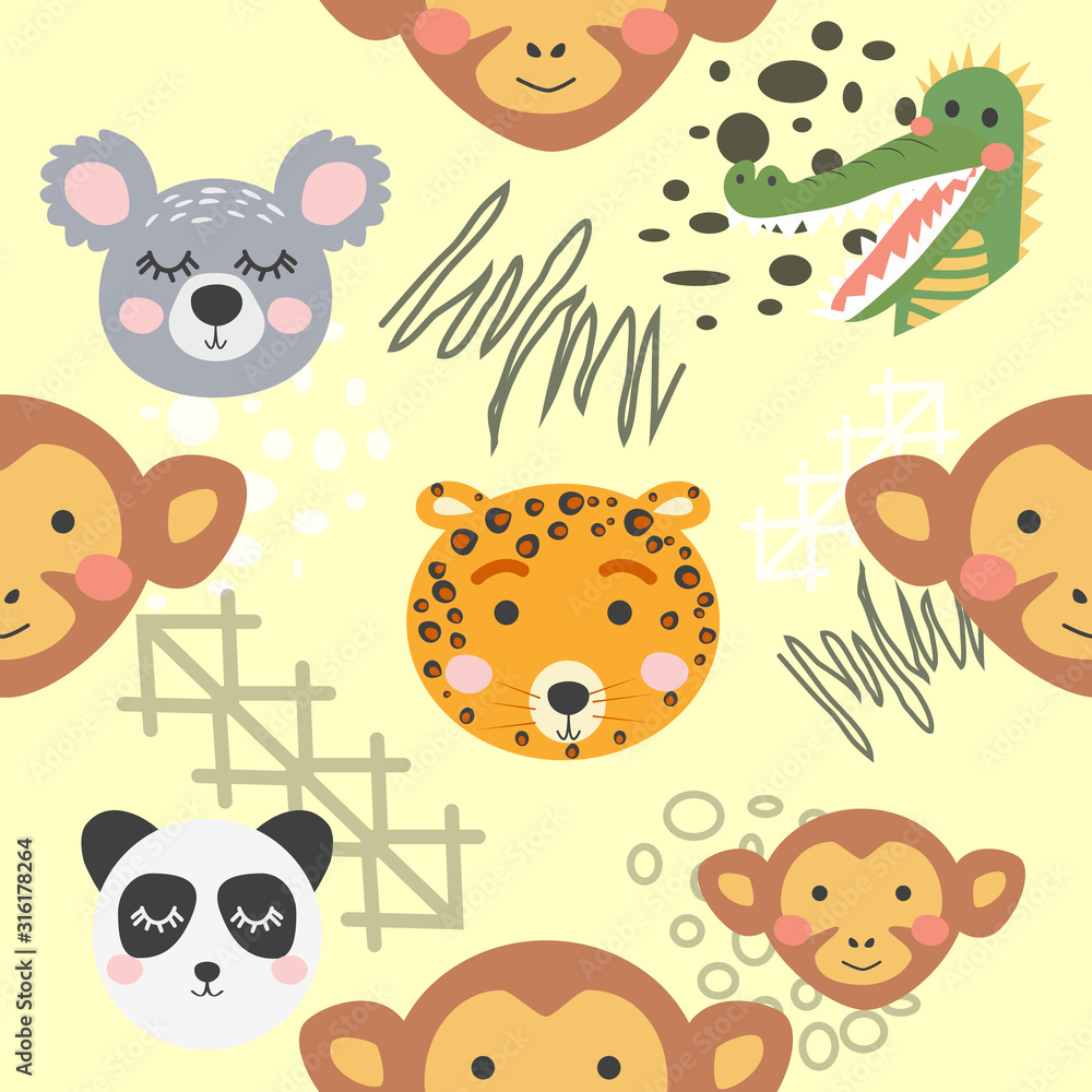 Cute hand drawn nursery seamless pattern with wild animals in scandinavian style Cute hand drawn nursery seamless pattern with wild animals in scandinavian style