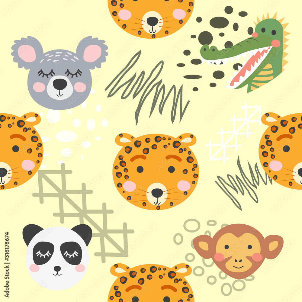 Cute hand drawn nursery seamless pattern with wild animals in scandinavian style Cute hand drawn nursery seamless pattern with wild animals in scandinavian style
