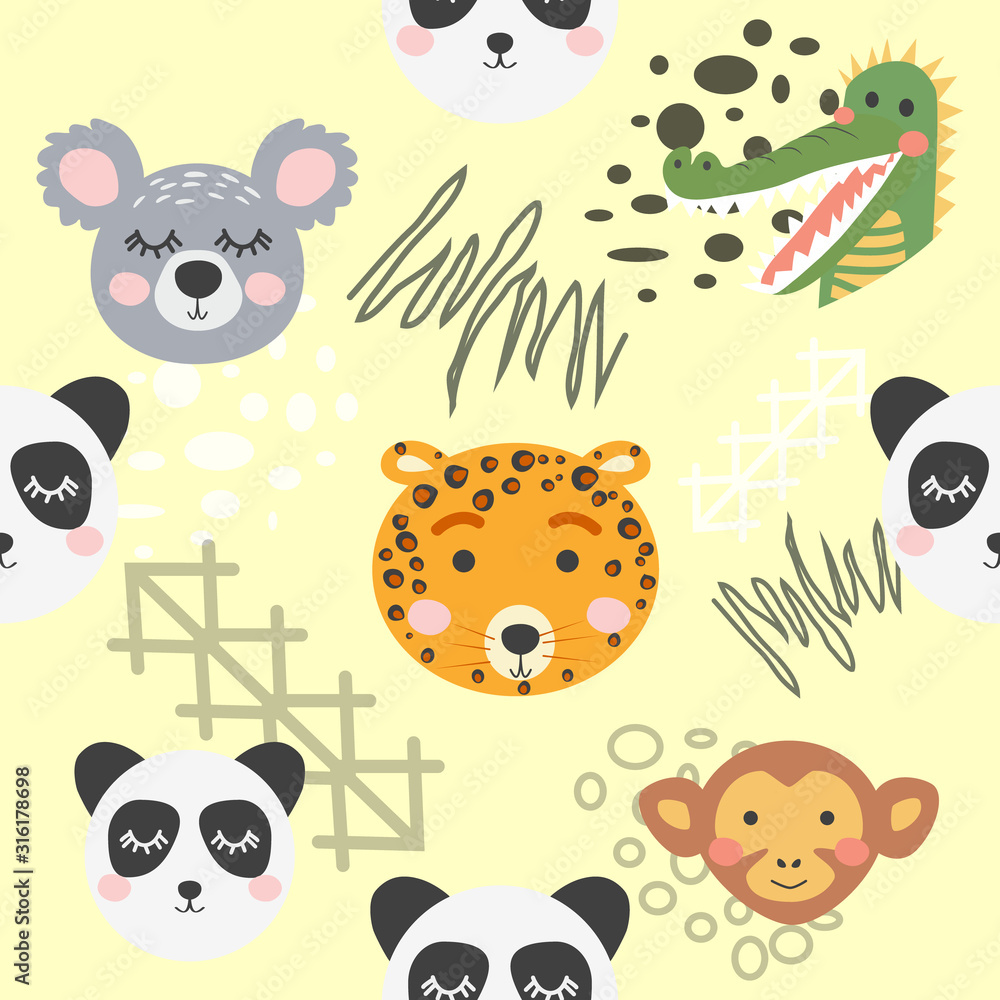 Cute hand drawn nursery seamless pattern with wild animals in scandinavian style Cute hand drawn nursery seamless pattern with wild animals in scandinavian style