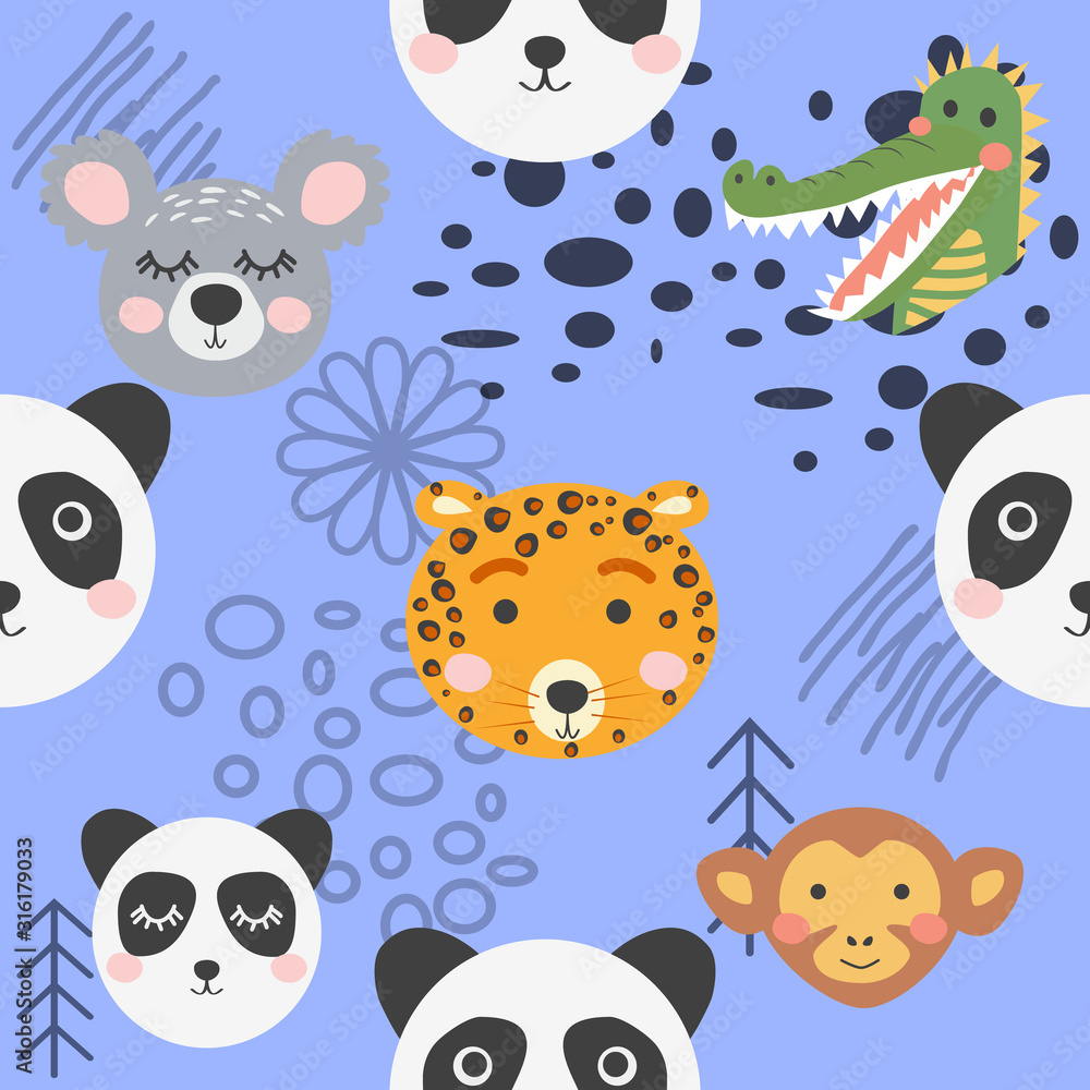 Obraz premium Cute hand drawn nursery seamless pattern with wild animals in scandinavian style