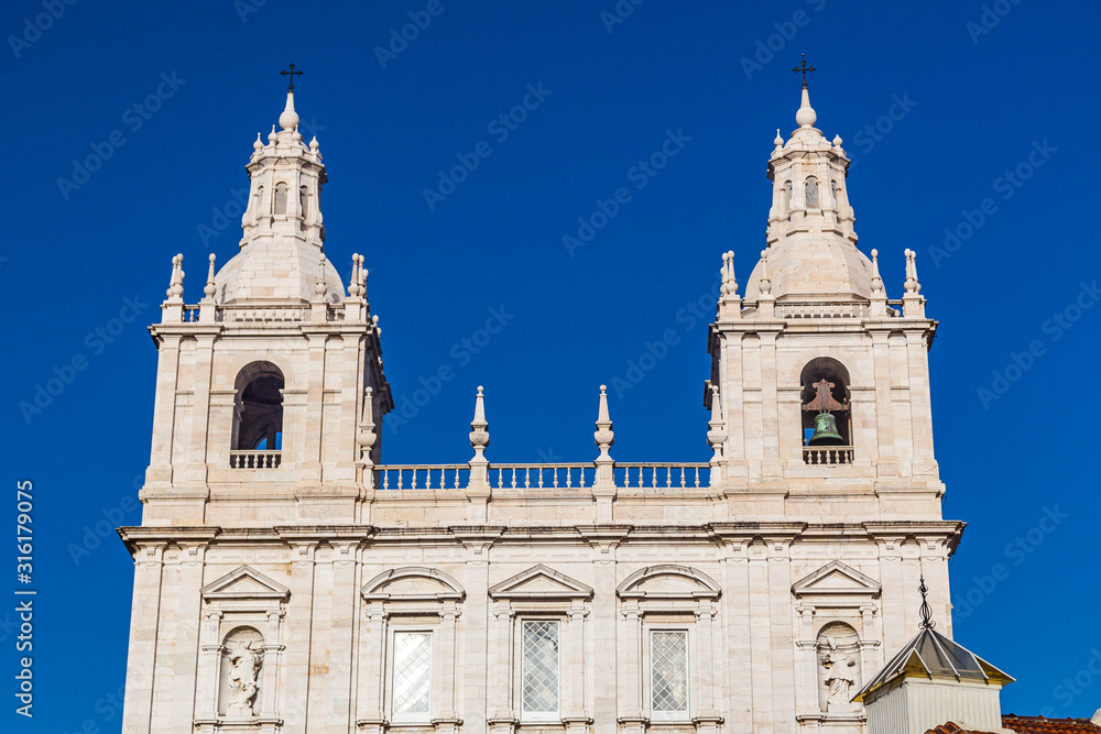 The two bell towers of the Mosteiro De Sao Vicente De Fora church in Lisbon, Portugal